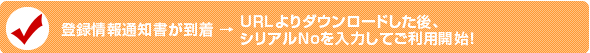 登録通知書が到着→ＵＲＬよりダウンロードした後、シリアルＮｏを入力してご利用開始！